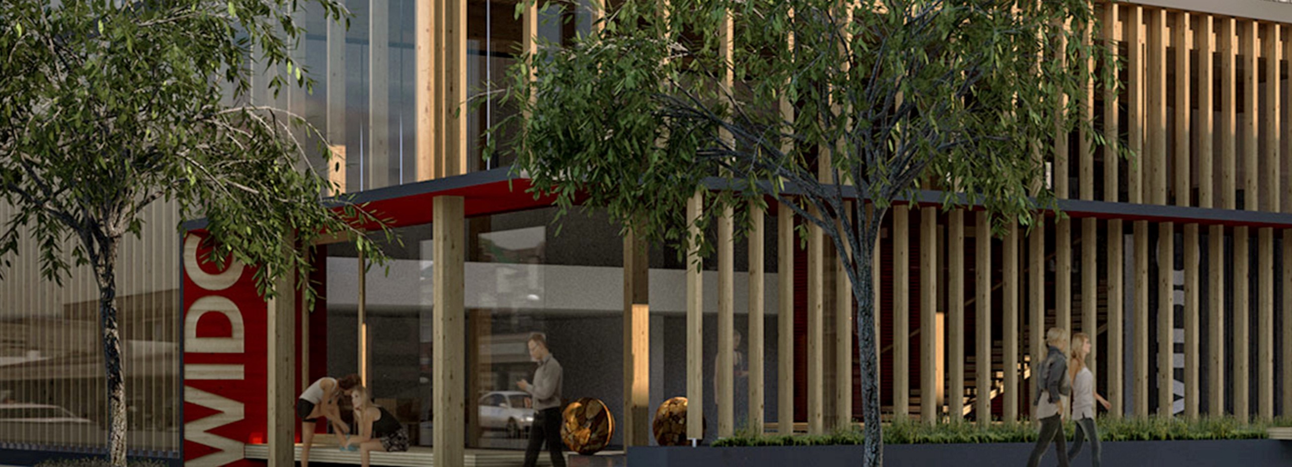A CGI render of the wooden skyscraper at street level.