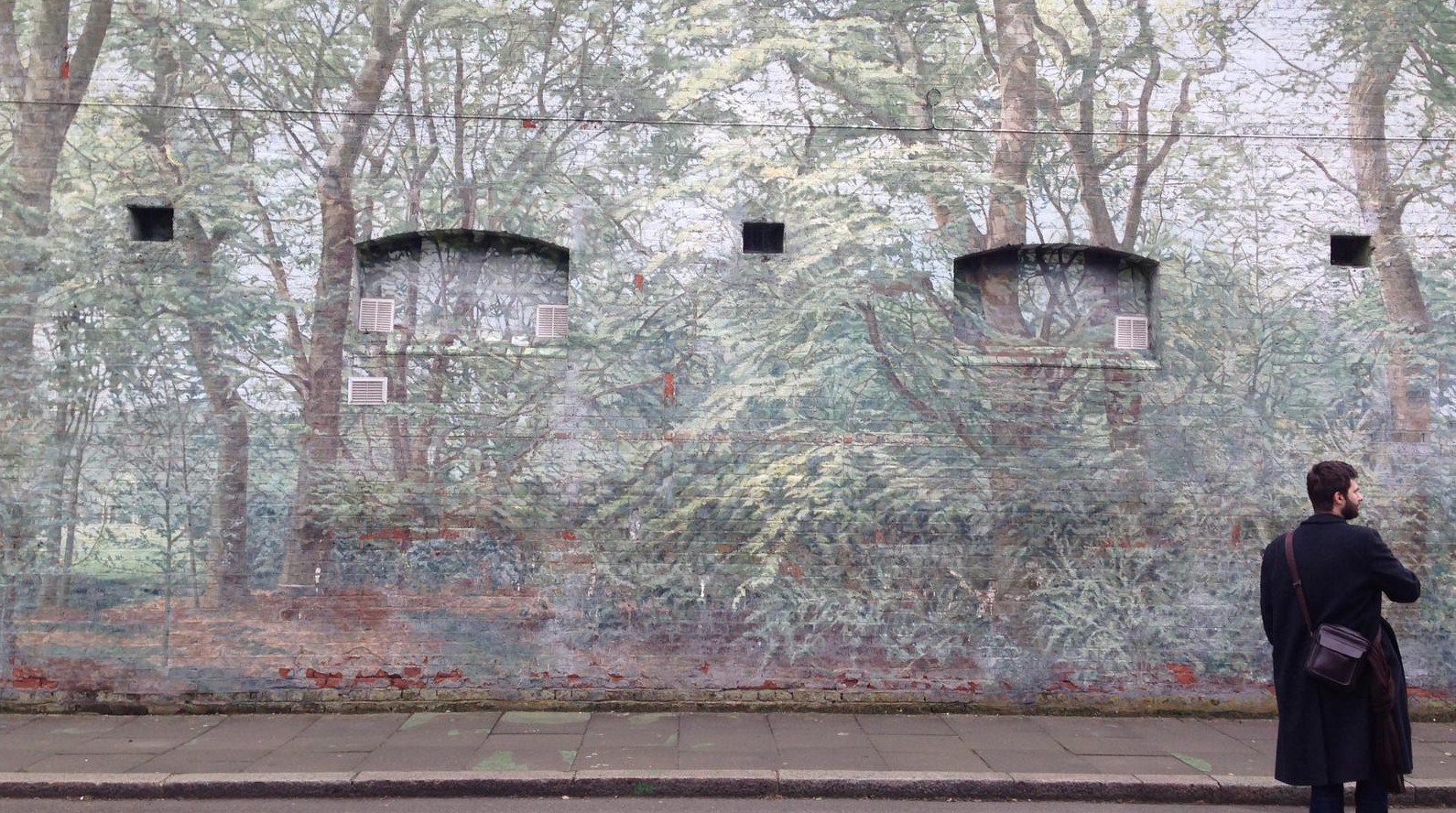 A wall mural of a dense wood, painted on the side of a brick building. A man stands in front of it, admiring it.