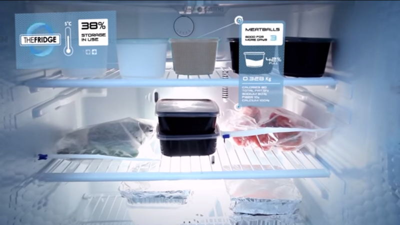 A fridge containing a range of items in containers, with virtual labels overlaid on top.