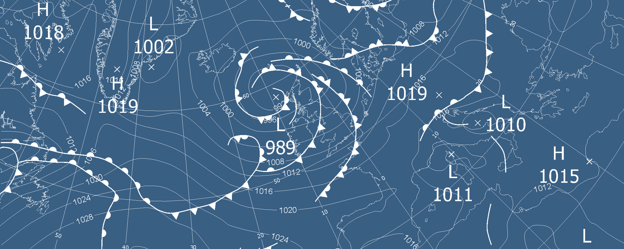 A meteorological map, centered over Europe.